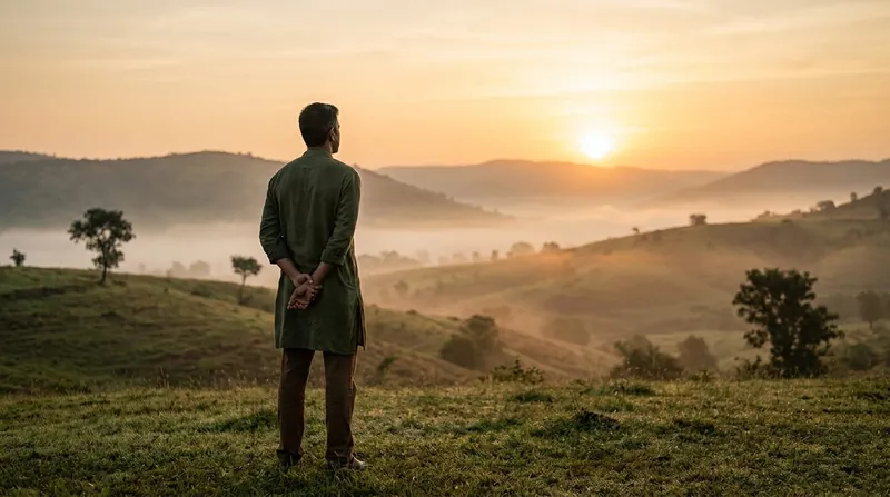 A lone figure on a grassy hilltop at sunrise looking over a misty valley