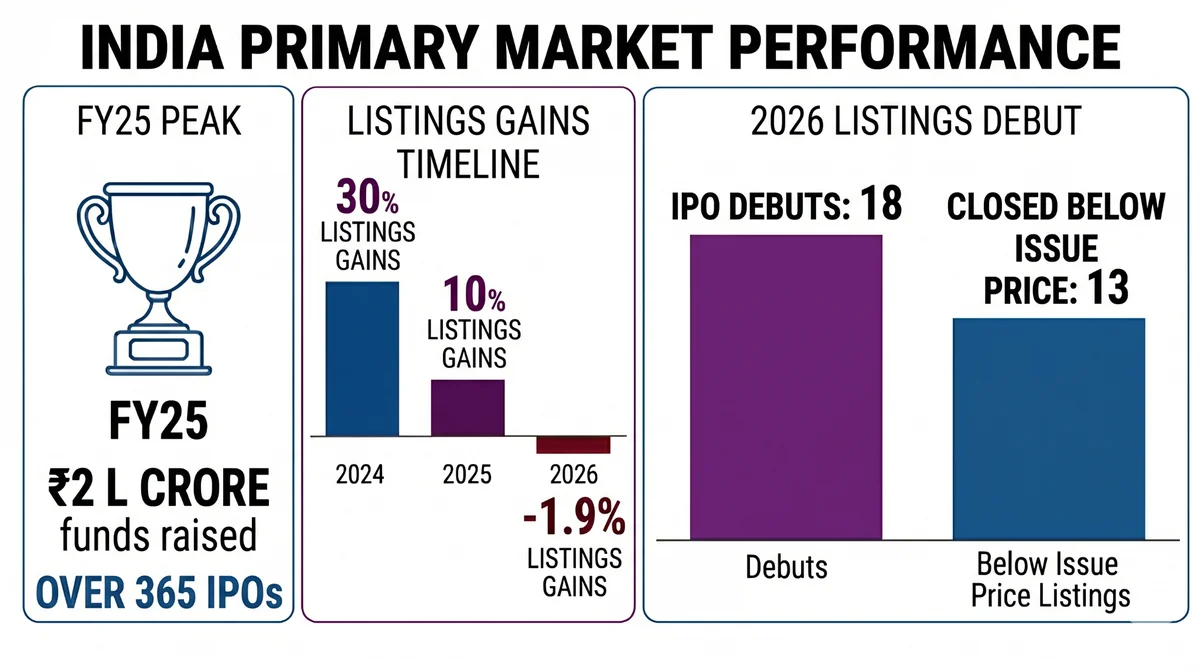 India primary market performance: FY25 peak with over 365 IPOs raising ₹2 lakh crore; listings gains fell from 30% in 2024 to 10% in 2025 to -1.9% in 2026; of 18 IPO debuts in 2026, 13 closed below issue price