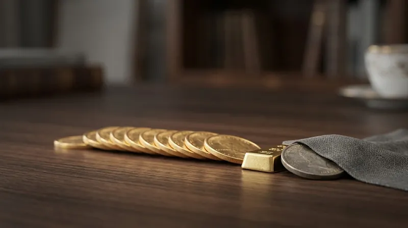 Gold coins and a gold bar on a dark table with one coin partly covered