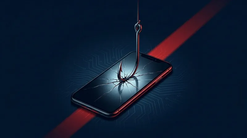 A warning-red phishing hook piercing a glowing smartphone screen
