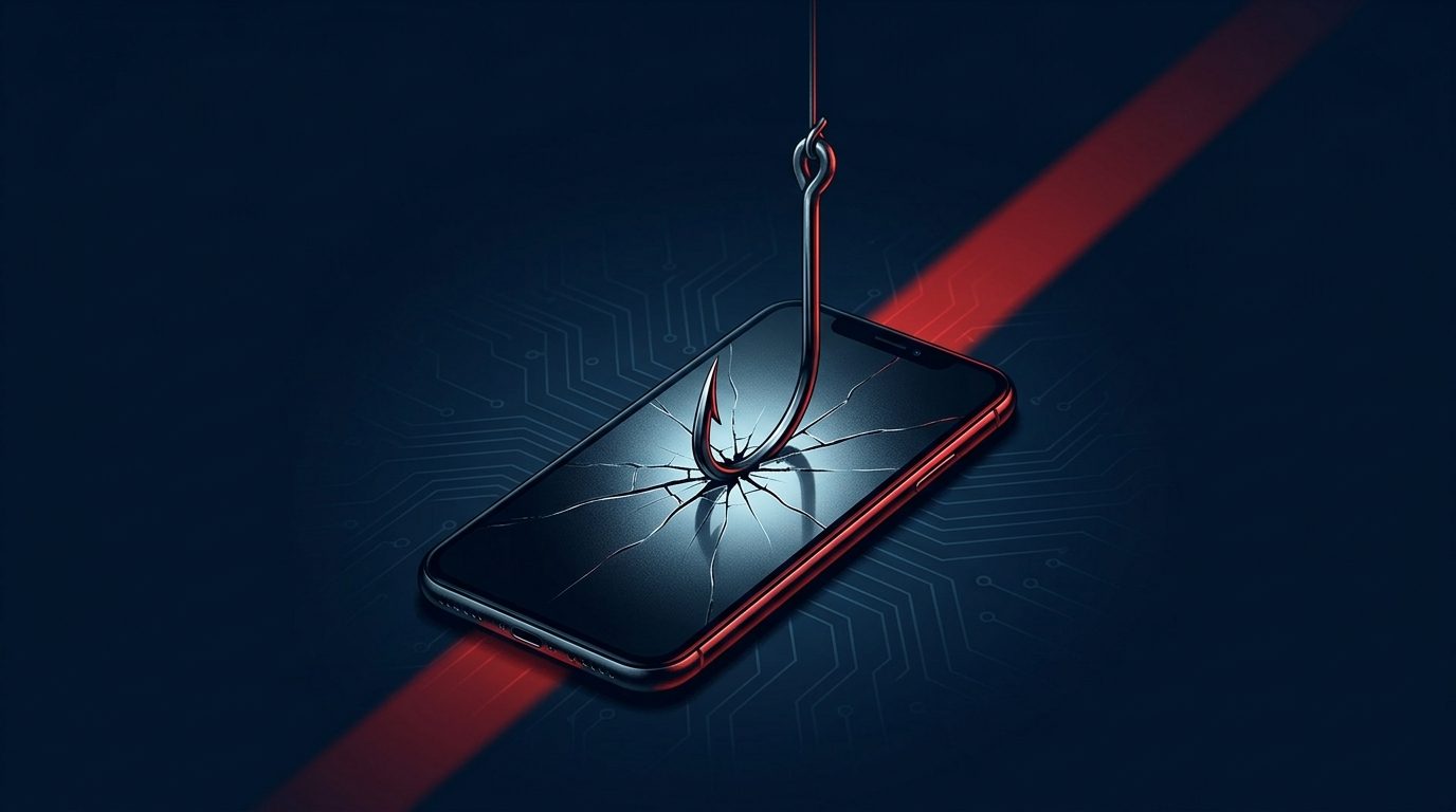 A warning-red phishing hook piercing a glowing smartphone screen