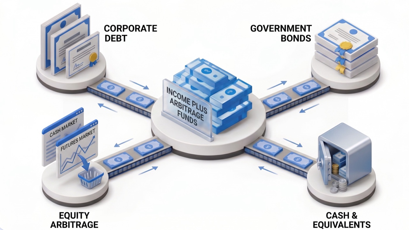 Isometric illustration: an income plus arbitrage fund at the centre, with conveyor belts moving money between corporate debt, government bonds, equity arbitrage, and cash & equivalents
