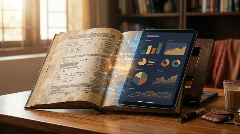 An old tax ledger dissolving into a modern digital tax dashboard