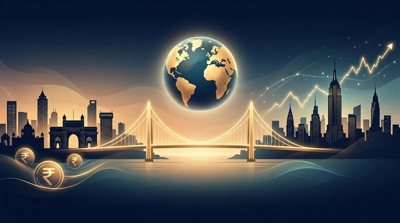 A glowing bridge connecting Indian and US financial skylines under a globe