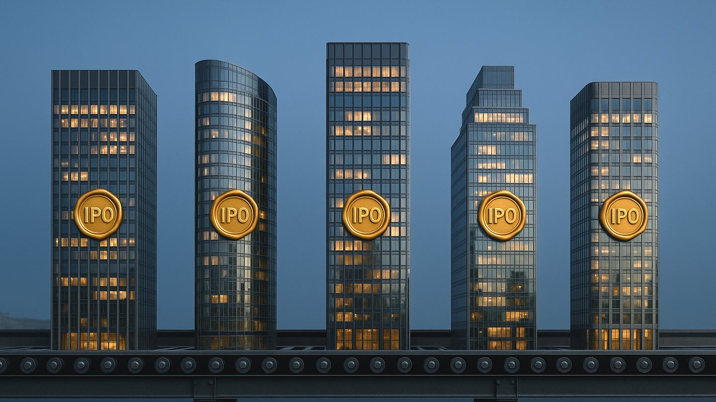 Illustration: office towers moving along a conveyor belt, each stamped with a gold IPO wax seal