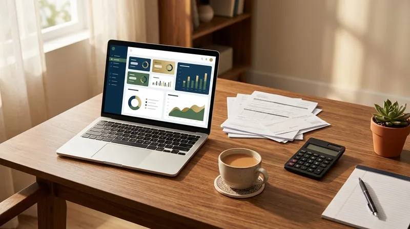 A tidy desk with a laptop, tax papers, calculator, chai, and plant