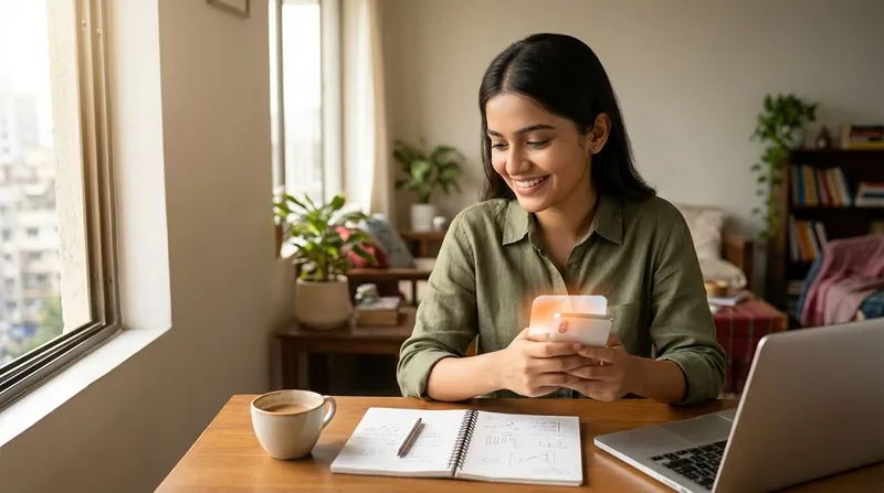 A young professional smiling at a phone beside chai, notebook, and laptop