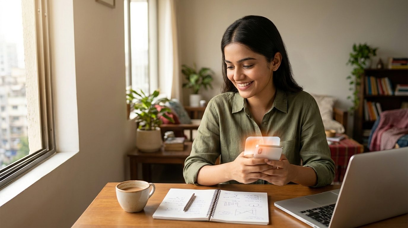 A young professional smiling at a phone beside chai, notebook, and laptop