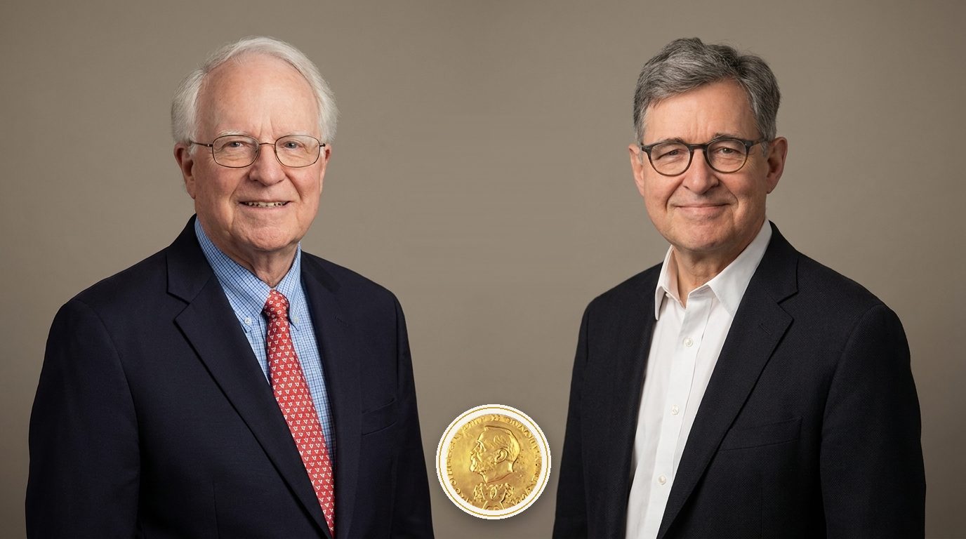Robert E. Hall, left, in a navy suit and red tie, and Michael Woodford, right, in a dark jacket and open-collared white shirt, both smiling, on a warm grey background with a gold Nobel Prize medal stamp between them at the bottom.