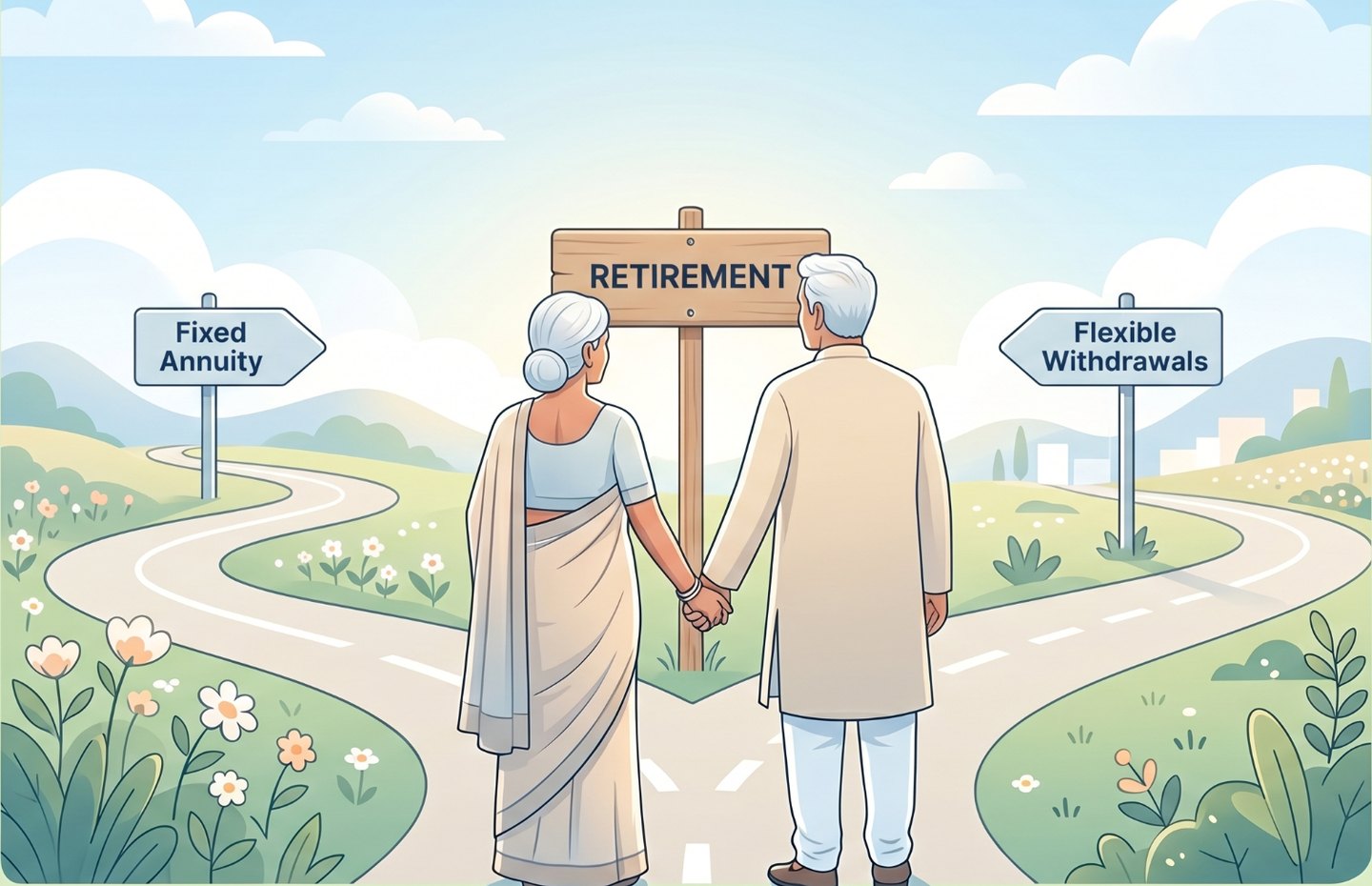 A retired couple at a crossroads between a fixed annuity and flexible withdrawals