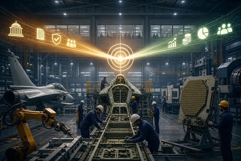A defence manufacturing hangar where policy and shareholder-return beams align toward one target