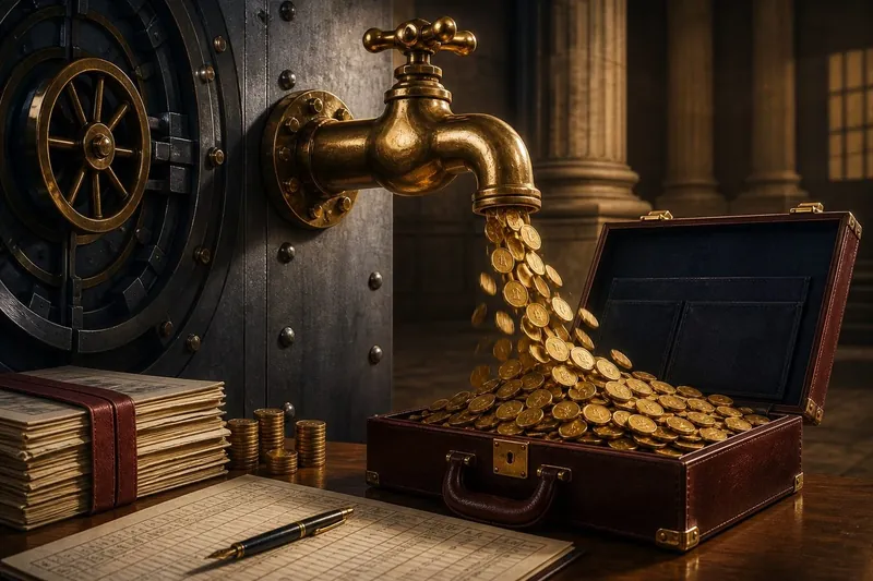 A tap draining coins from a public-sector company treasury into a government budget briefcase