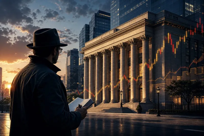 An investor detective watching a public-sector bank building under a valuation shadow