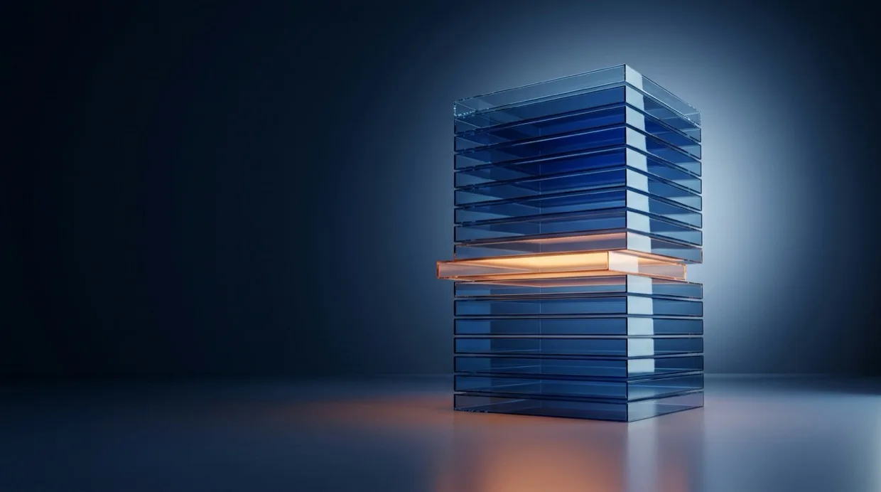 Abstract render of a stacked glass tower with one offset, glowing layer.