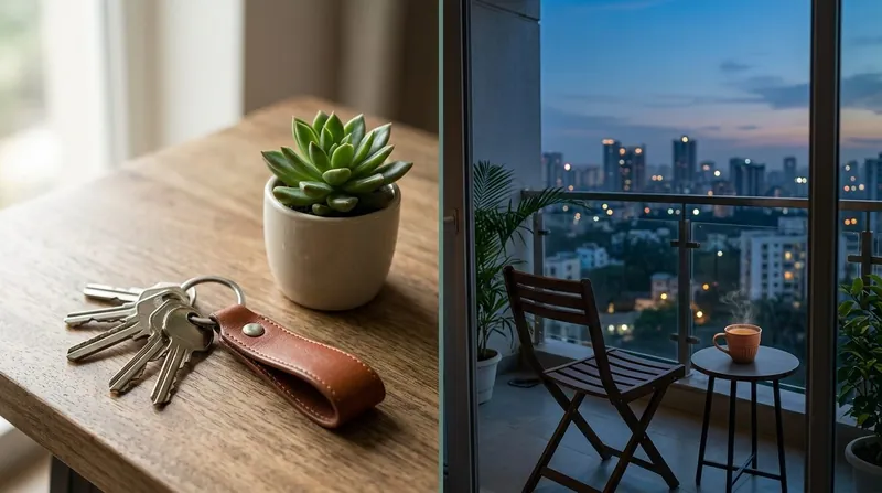 House keys on a wooden table beside a rented balcony view at dusk