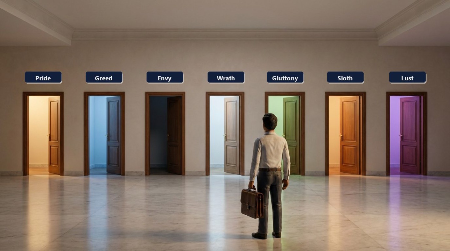 A clay figure of a man in formal clothes holding a briefcase, standing in a marble hall facing seven tall doors, each opening inward onto a different colour of light, each with a small navy board above it naming one of the seven sins