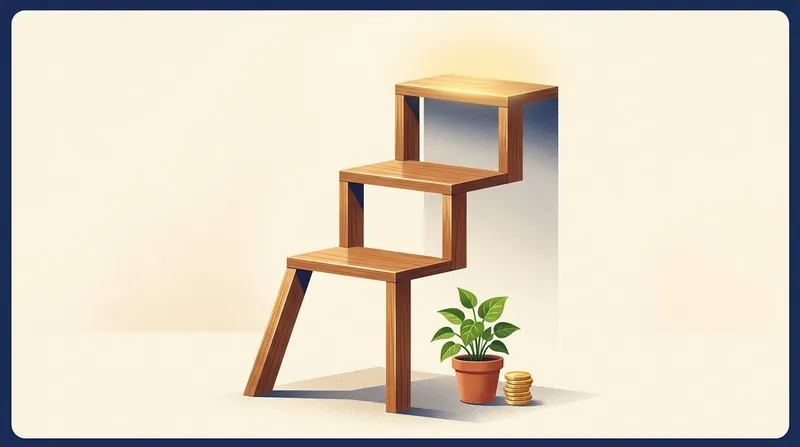 A three-rung ladder rising beside a small plant and coin stack