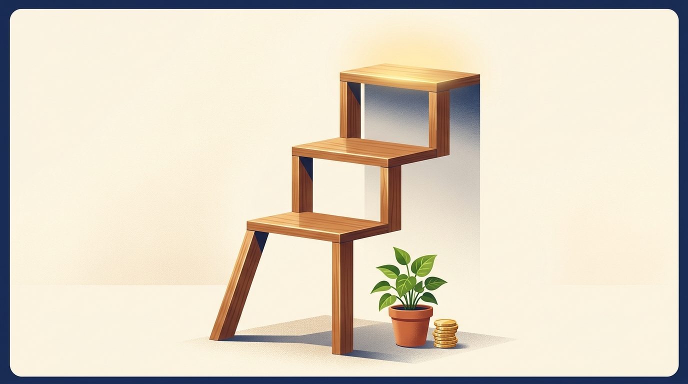 A three-rung ladder rising beside a small plant and coin stack