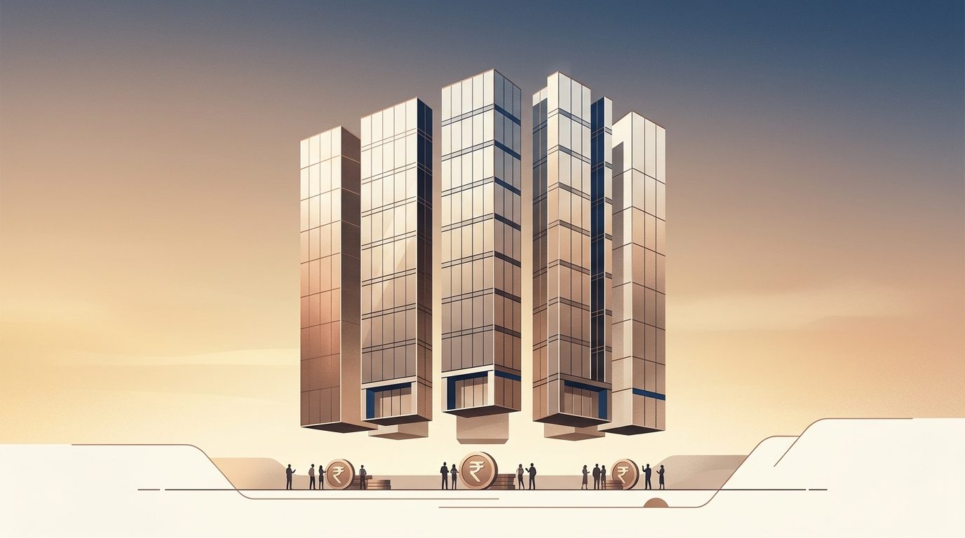 A glass office tower separated into clean vertical ownership slices
