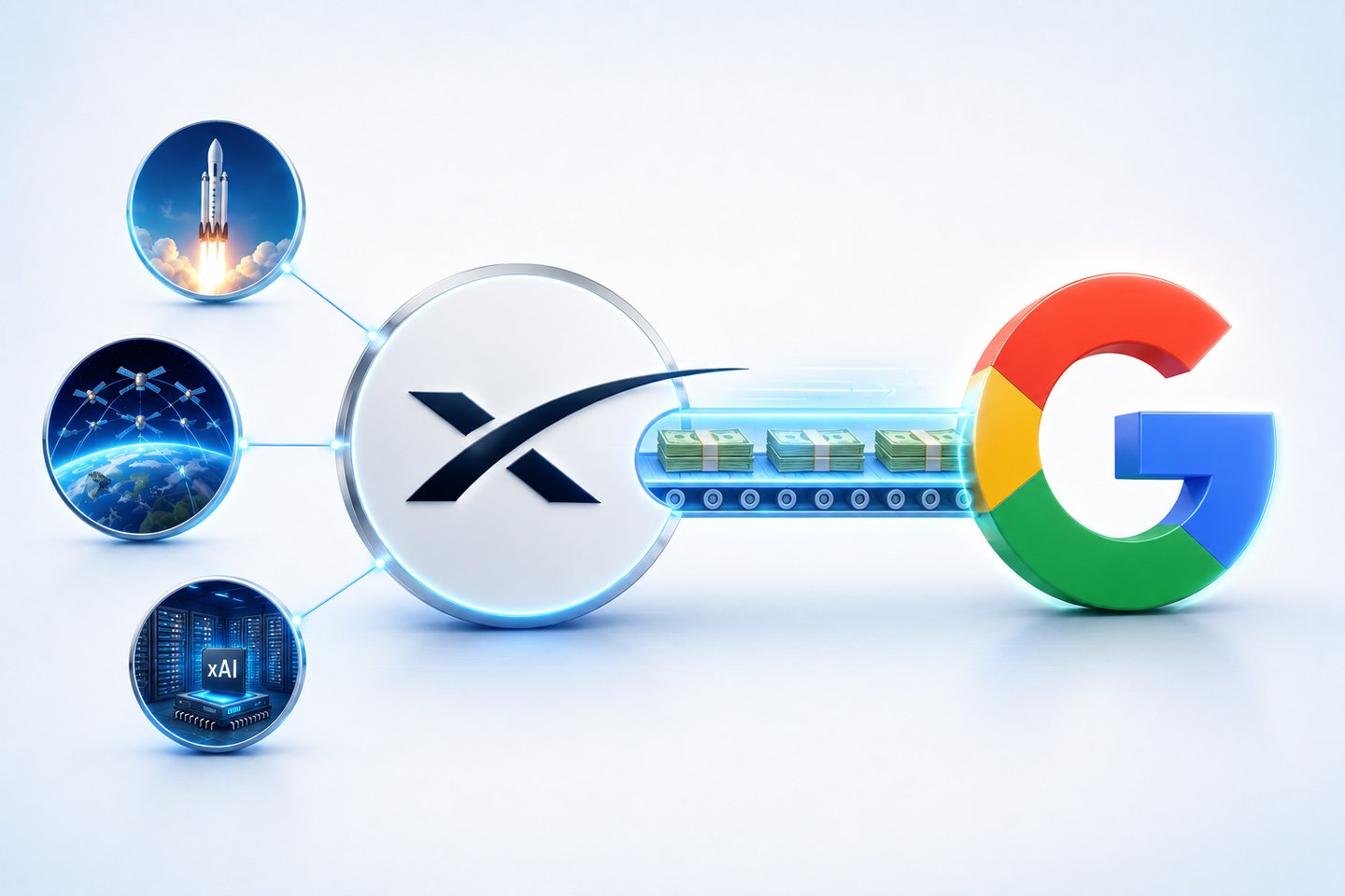 SpaceX and Google connected by a stream of money, with rockets, satellites and xAI data centres