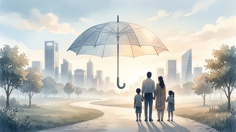 A translucent umbrella sheltering a family silhouette on a quiet path