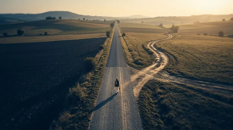 Two roads diverging through fields at dawn with a distant walking figure