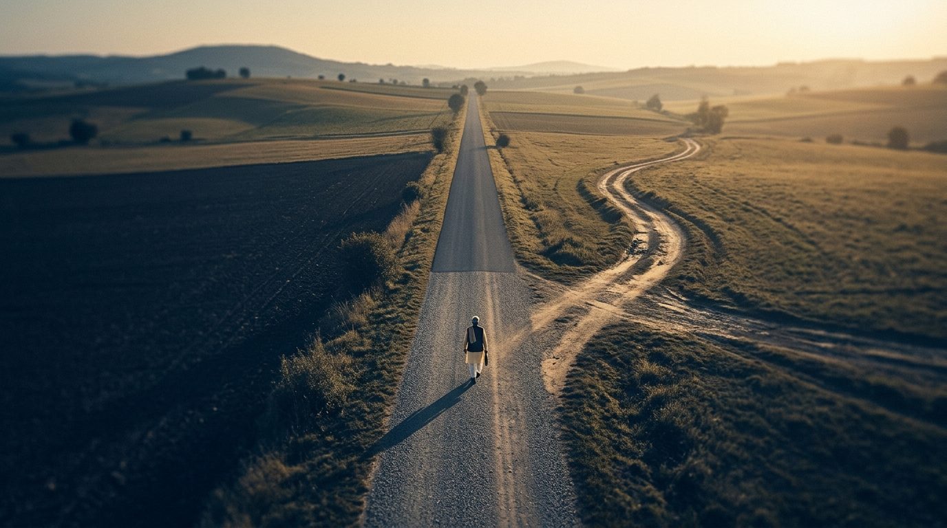 Two roads diverging through fields at dawn with a distant walking figure