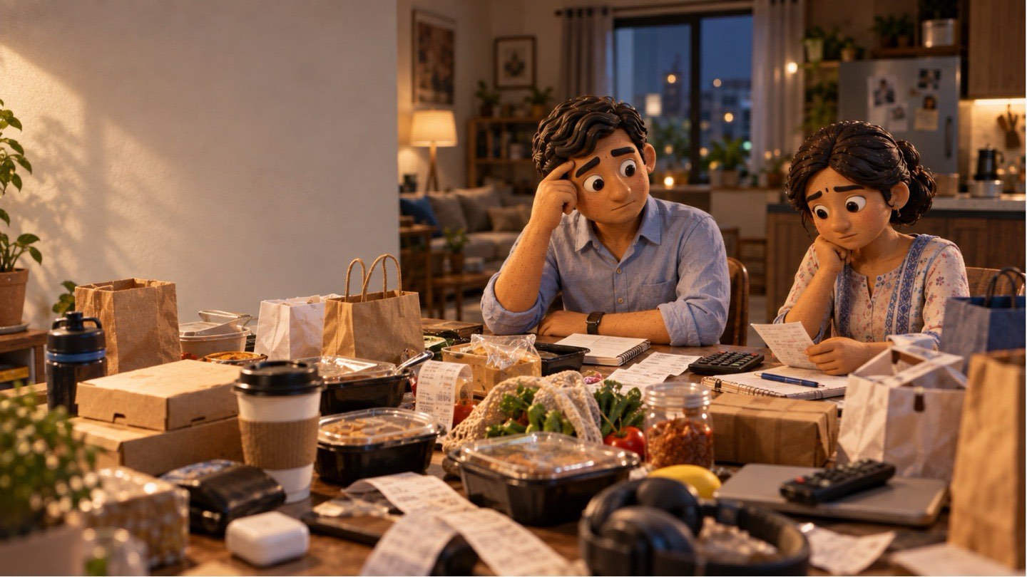 Illustration of a couple reviewing receipts and bills at their kitchen table